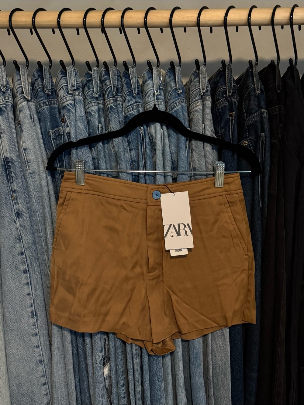 Zara High-Waist Tailored Shorts in Tan